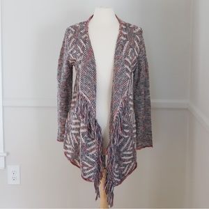 Lucky Brand Open Pattern Boho Fringe Cardigan Sweater Multicolored Medium